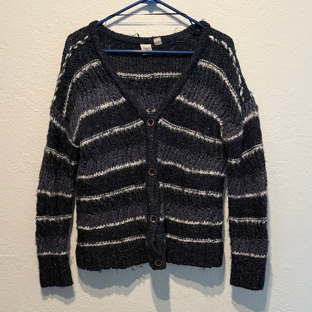 Roxy Blue White Gray Striped Chunky Knit Button Front Cardigan M Cottagecore Top